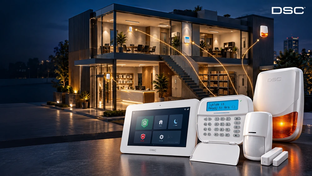 Equipos de alarma DSC conectados con sensores instalados en un edificio comercial.
