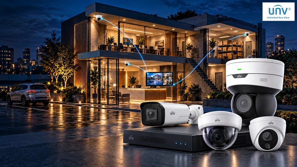 Cámaras y grabador UNV conectados a puntos de videovigilancia de un edificio.
