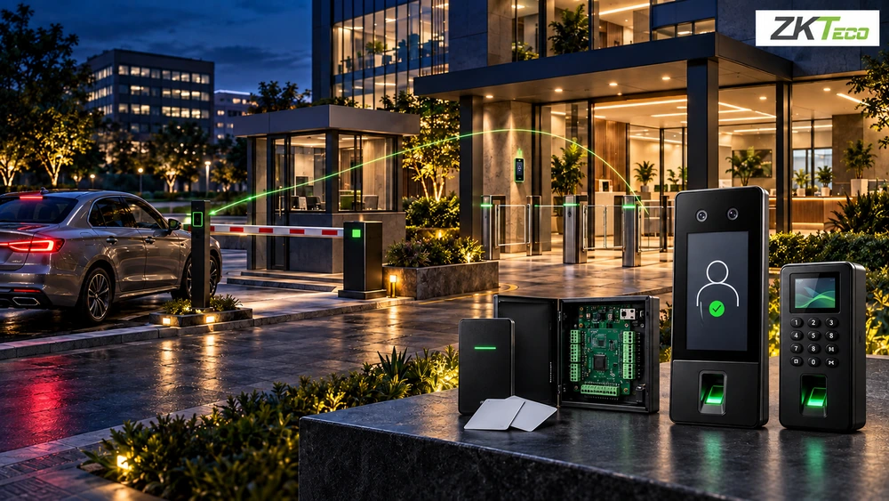 Lectores biométricos, controladora y barrera ZKTeco conectados a los accesos de un edificio.