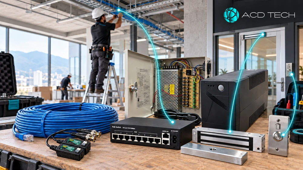 Cableado, fuentes, UPS, switch y cerraduras ACDTECH conectados a una instalación profesional.