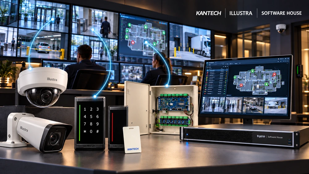 Equipos Kantech, Illustra y Software House conectados a una sala de gestión de seguridad.