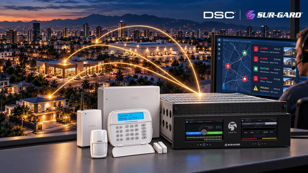 Alarma DSC y receptor Sur-Gard conectados a inmuebles y a una central de monitoreo.