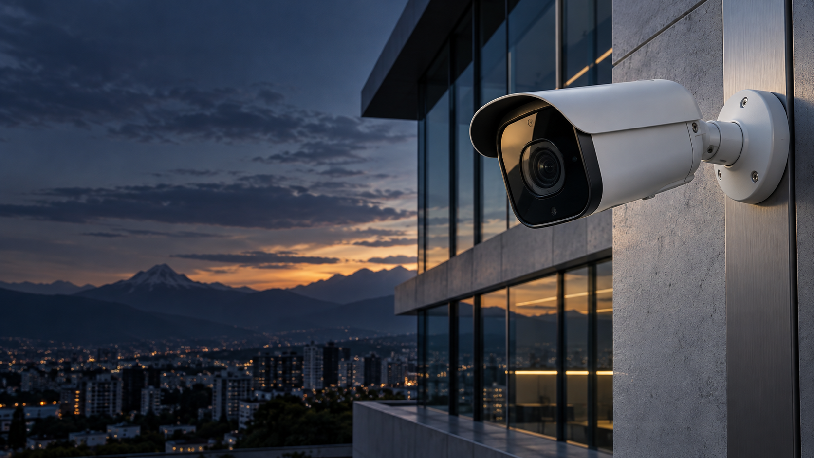 Cámara de seguridad en la fachada de un edificio comercial